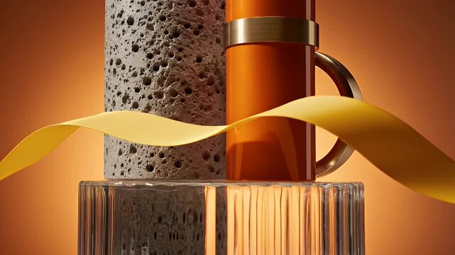 Elegant golden beer and copper mug duo framed by flowing satin ribbon in warm amber background