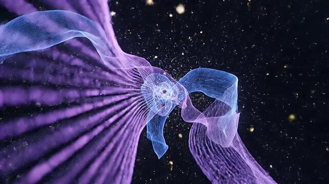 Elegant translucent blue jellyfish-like creature gracefully gliding through a dark violet underwater scene