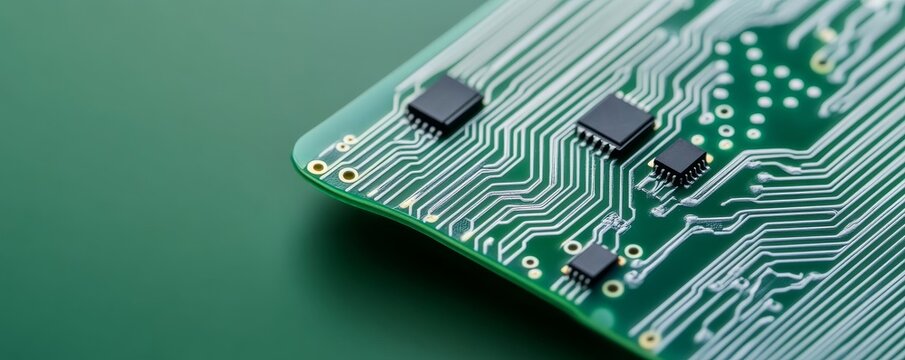 Close-up Green PCB with gleaming white traces and black ICs on a solid green ground, embodying the intricate flow of data in modern digital technology. ,Circuitry, Innovation
