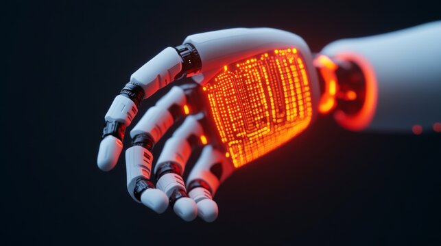 Close-up of a futuristic white robotic hand, its palm glowing with intricate orange digital circuits on a dark background. Symbolizing AI and advanced technology. Robotics, Future