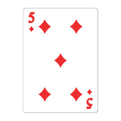 Obraz premium Five of diamonds. Playing card with golden elements. Casino icons. Pictograms representing different suits. Vector illustration. Flat design for modern visual elements.