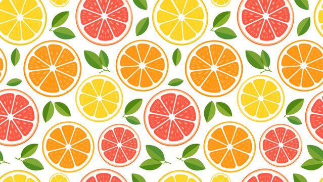 A vibrant pattern of sliced citrus fruits and leaves, creating a cheerful and refreshing design. The pattern showcases various citrus fruits, including oranges, grapefruits, and lemons.