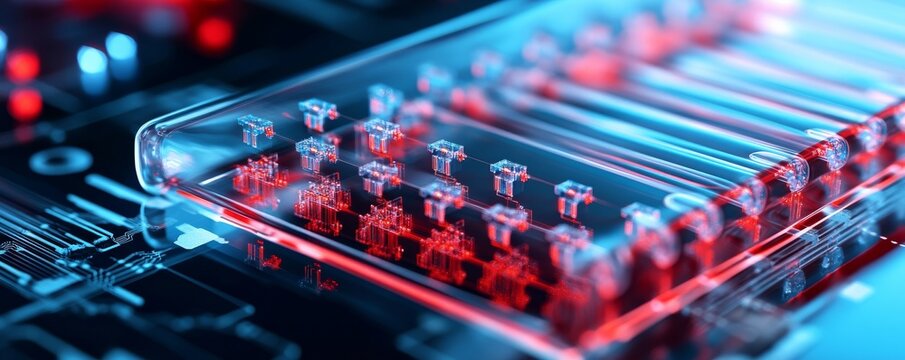 Close-up of a translucent microchip with glowing red and blue quantum circuits on a tech board, conveying advanced AI and data flow. Quantum, Computing