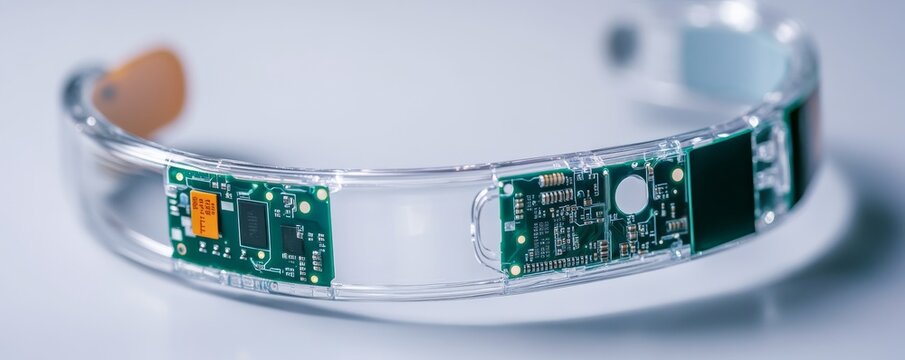 Close-up of a transparent smart wearable device with visible green circuit boards and intricate components, highlighting BCI or medical tech innovation. ,Neurotech ,ARVR