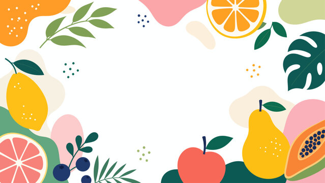Colorful fruits and leaves border design on a frame