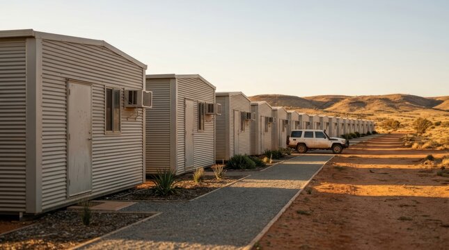 Row of portable cabins aligned in arid outback landscape. Worker housing units with lit windows at sunset. Remote industrial accommodation concept for mining sites and rural development.