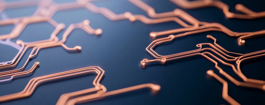 Close-up of glowing copper circuit traces on a dark board, a shallow depth-of-field abstract capturing digital data flow, AI computing and tech innovation. Microchip, Network