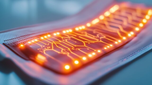 Close-up of glowing orange flexible circuit, nodes and traces embedded in soft material, depicting advanced wearable technology and future electronics., Flexible electronics, Smart
