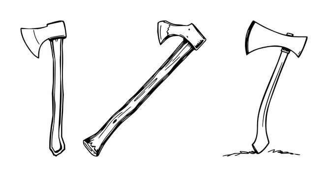 Axe set with simple outline illustration featuring weapon, tool, chopper with handle and steel blade