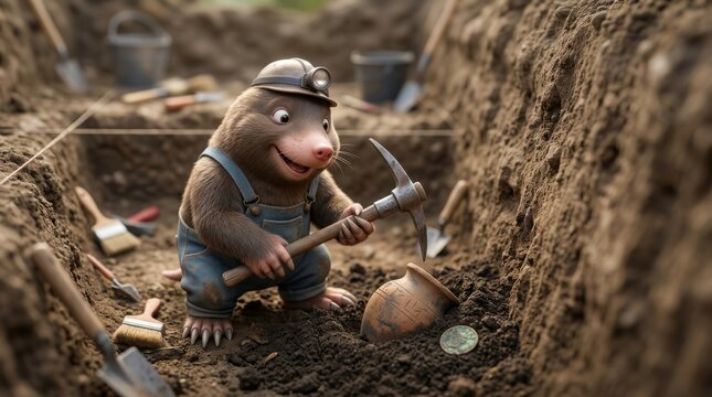 A cute anthropomorphic mole archaeologist with a pickaxe at an excavation site. A treasure hunt adventure using tools and exploring ruins. 3D illustration.