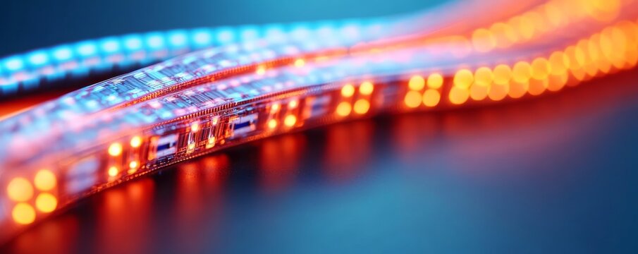 Close-up of vibrant blue and orange LED strips, showing circuitry details and soft bokeh, embodying energy, technology and futuristic digital pathways. LEDs, Circuitry