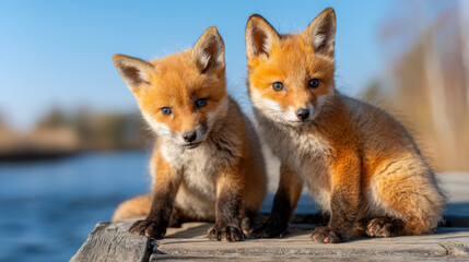 Fototapeta premium Two curious young foxes sitting side by side on a wooden dock with a blurred river and natural background under clear blue sky in soft sunlight