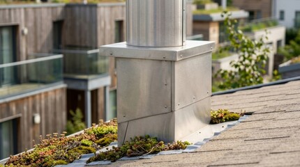 Obraz premium Chimney on green rooftop surrounded by plants in modern urban landscape. Sustainable architecture featuring vegetation and solar panels. Eco-friendly city development and environmental design.