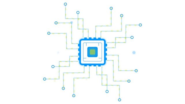 Close-up of a blue microchip circuit board on a white background with green lines and connections