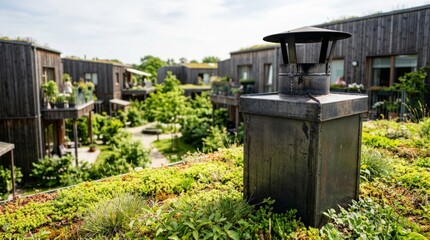 Fototapeta premium Chimney on green rooftop surrounded by plants in modern urban landscape. Sustainable architecture featuring vegetation and solar panels. Eco-friendly city development and environmental design.