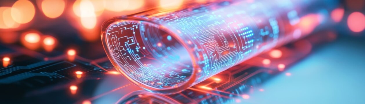 Dynamic blue circuits flow within a transparent data tube resting on a red-illuminated circuit board, depicting advanced AI, quantum computing and network, Nanotech, Digital