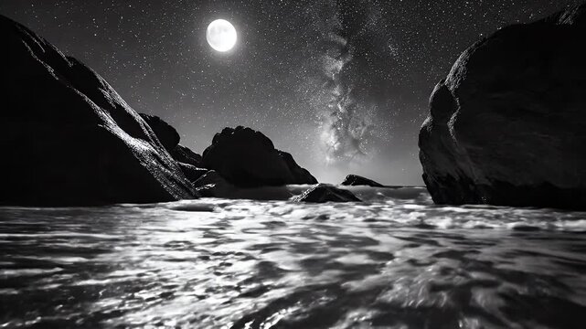 Moonlit Black and White Coastal Landscape with Rugged Rocks and Quiet Wet Sand