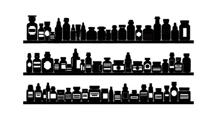 Obraz premium Minimal black silhouette icon, simple flat vector, bold black shape, no, no shading silhouettes of various cosmetic bottles and jars on shelves on a, flat icon style