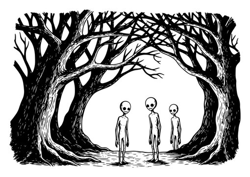Aliens standing in a dense dark forest under twisted trees in vintage woodcut style