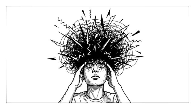 Person suffering from stress or headache with chaotic thoughts exploding from head in minimalist engraving style