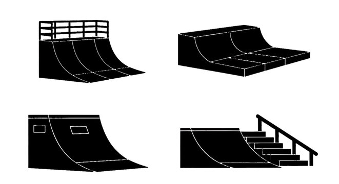 Minimal black silhouette icon, simple flat vector, bold black shape, no, no shading set of various skateboard ramps and obstacles on a, flat icon style