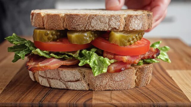 Delicious Bacon Lettuce Tomato Sandwich Being Assembled on Wooden Board.