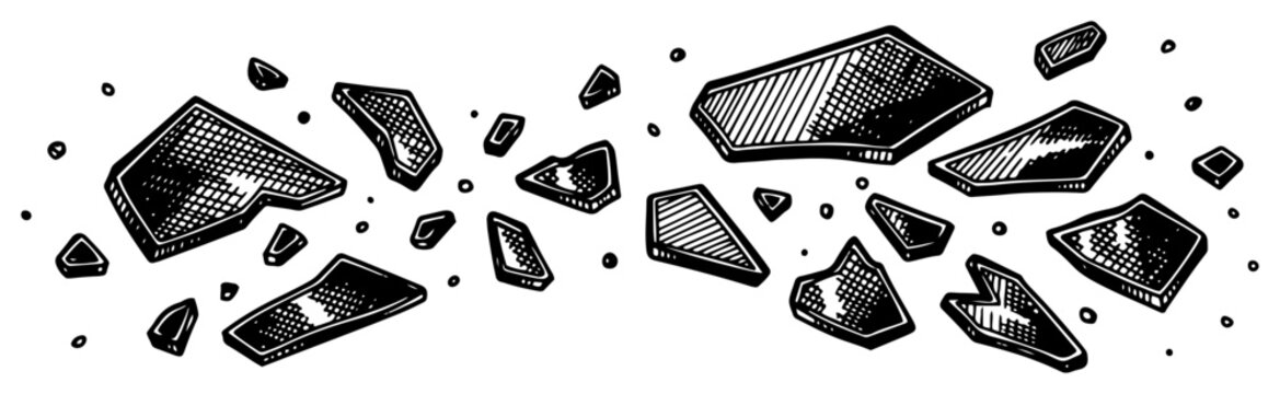 Sharp shards of broken glass scattered across a white background in detailed woodcut style