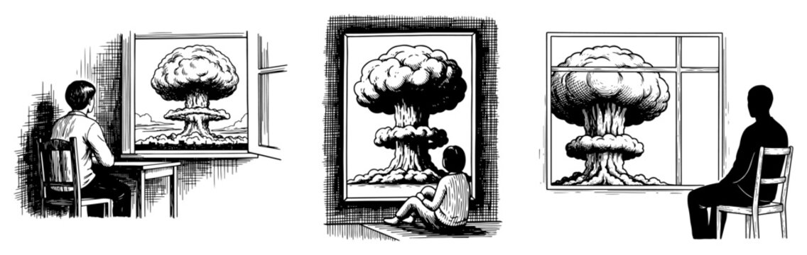 People watching nuclear mushroom cloud explosion through windows and frames in vintage engraving style