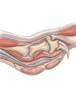 Illustration shows the claw retraction mechanism in detail for educational purposes in veterinary anatomy. Focus on pet anatomy and function.