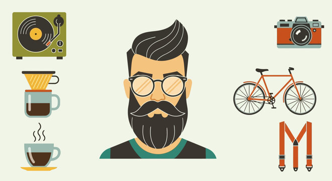 Hipster Man Portrait with Retro Accessories: Vinyl, Coffee, Camera, Bike, Suspenders