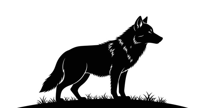 Silhouette of a wolf standing on a grassy hill at dusk, black and white illustration