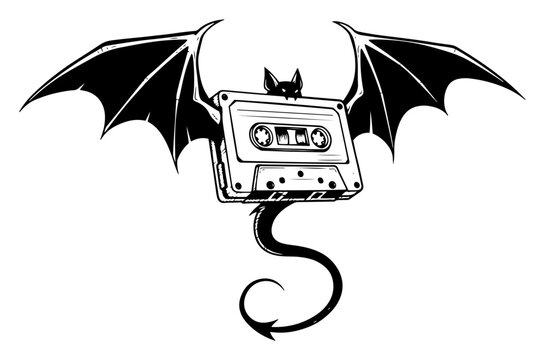 Audio cassette tape with bat wings and a devil tail in vintage engraving style