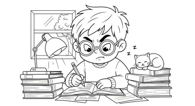 Frustrated boy doing homework with a sleeping cat on books