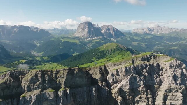 Aerial of the Dolomites with Seceda and Sassolungo, Italy