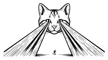 Giant cat head shooting powerful light beams from eyes at a tiny running person in surreal woodcut style © Wera