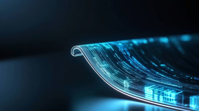 Glow-lit flexible data scroll displaying intricate blue digital circuit patterns, symbolizing information flow and futuristic technology on a dark background. AI, Innovation. Big Data,