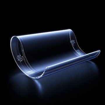 Glowing blue flexible transparent screen, elegantly curved with intricate micro-circuitry against a dark backdrop. A future-forward bendable display tech concept. Futuristic,