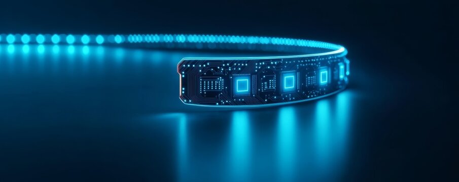 Glowing Blue Flexible Circuit Board with Digital Chips and LED Trail on Reflective Surface &acirc;&euro;&ldquo; Illustrating Data Flow and Future Tech Connectivity, Electronics, Innovation