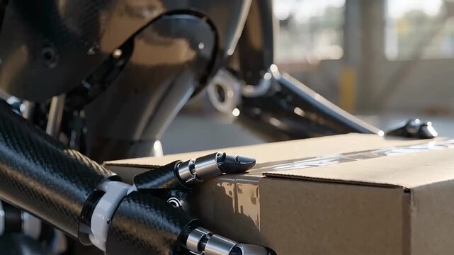 Close-up of a generic humanoid robot lifting a cardboard box in a warehouse, automated logistics and smart manufacturing concept.
