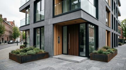 Fototapeta premium Modern apartment building entrance with glass doors and wooden canopy. Contemporary urban residential architecture. Exterior design featuring concrete and plants in city complex.