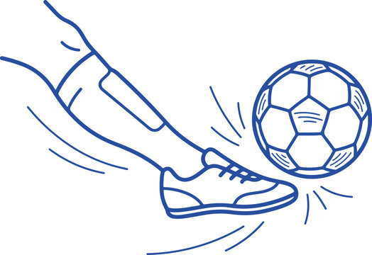 Blue line icon of soccer player leg kicking ball for sports betting app, football equipment store and match score ui