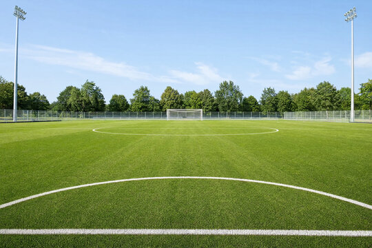 Empty soccer field with green artificial turf and white markings under a clear blue sky, professional sports facility with floodlights and goal for football training and competition