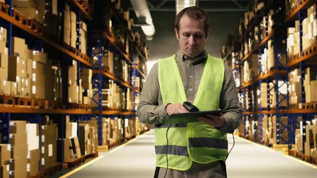 Professional staff scanning barcodes during order fulfillment process. Warehouse management system overseeing inventory for reliable e-commerce shipping and global delivery operations.