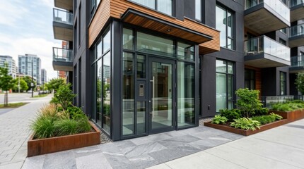 Fototapeta premium Modern apartment building entrance with glass doors and wooden canopy. Contemporary urban residential architecture. Exterior design featuring concrete and plants in city complex.