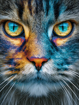 Detailed portrait of a vibrant tabby cat?s face featuring bright golden eyes and a mix of warm and cool fur tones under artistic lighting effects