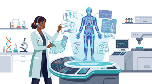 Female scientist examining a holographic 3D human anatomy model with glowing organs, surrounded by futuristic medical charts and lab equipment.