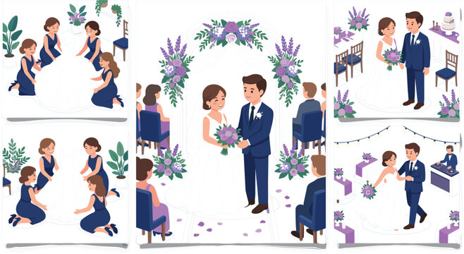 Wedding ceremony scenes with bride groom bridesmaids and floral decorations romantic marriage celebration vector illustration collection