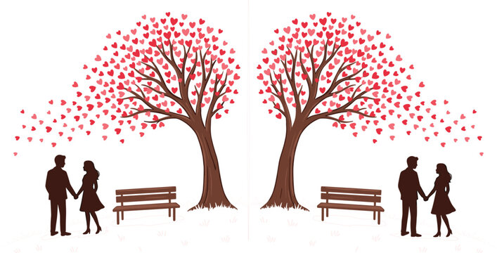 Romantic couple with heart shaped trees and park bench love landscape illustration for valentine celebration vector design collection