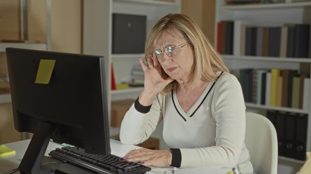 Woman at computer rubbing temples, adjusting glasses and squinting at screen in an office building; late night fatigue.