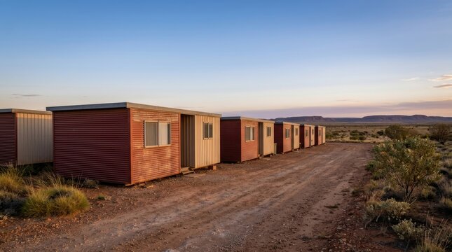 Row of portable cabins aligned in arid outback landscape. Worker housing units with lit windows at sunset. Remote industrial accommodation concept for mining sites and rural development.